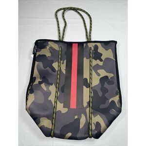 GIRLIE GIRL ORIGINALS Tote Purse Green Camo Red Stripe Bag Neoprene 14x16x8" NWT